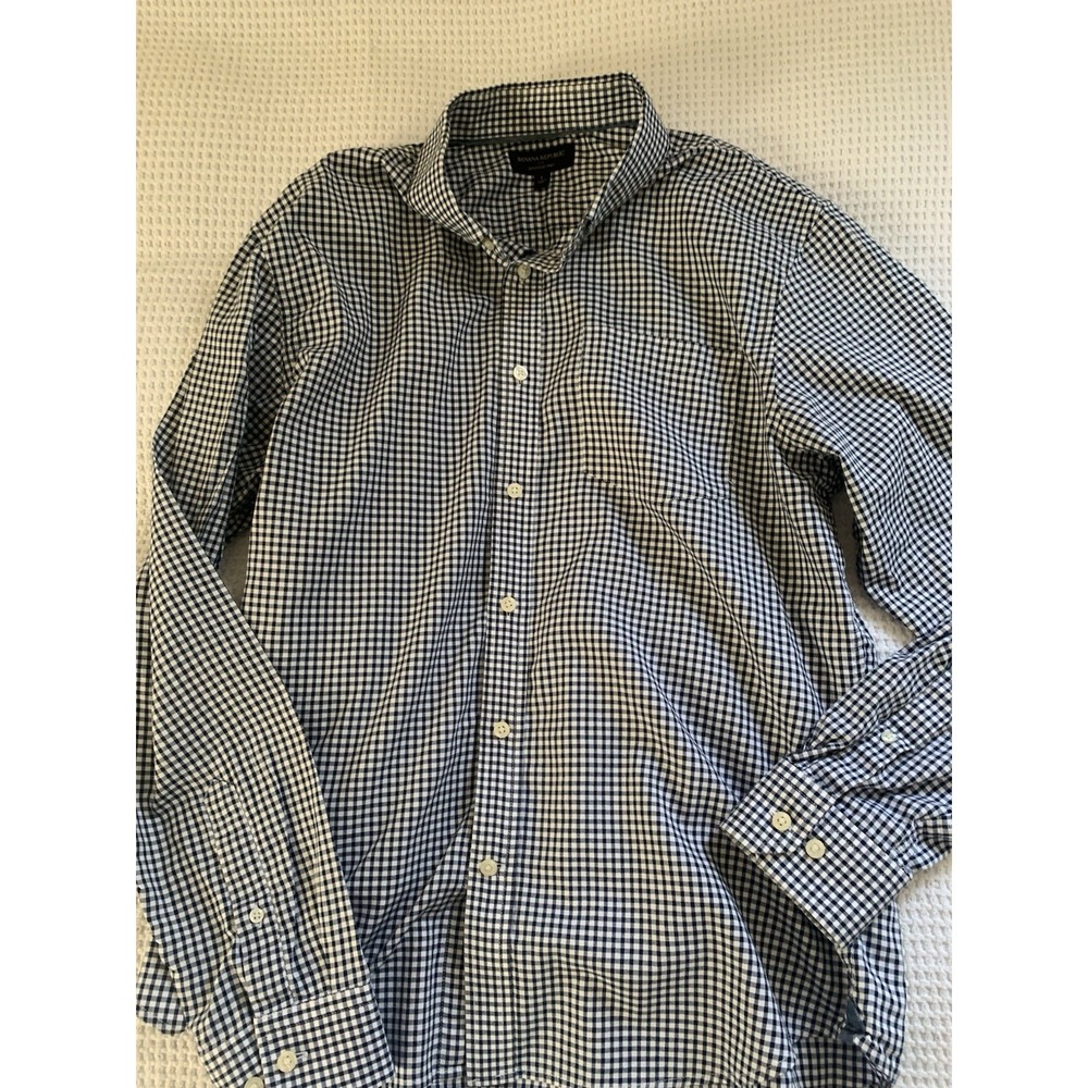 Banana Republic Shirt Men's Large L Untucked Fit White Blue Checked - Picture 2 of 11